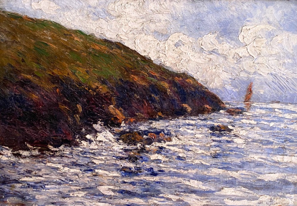 An impressionist oil painting depicting a grassy coastal cliff sloping into a choppy blue ocean with a lone sailing vessel in the distance under a cloudy sky.