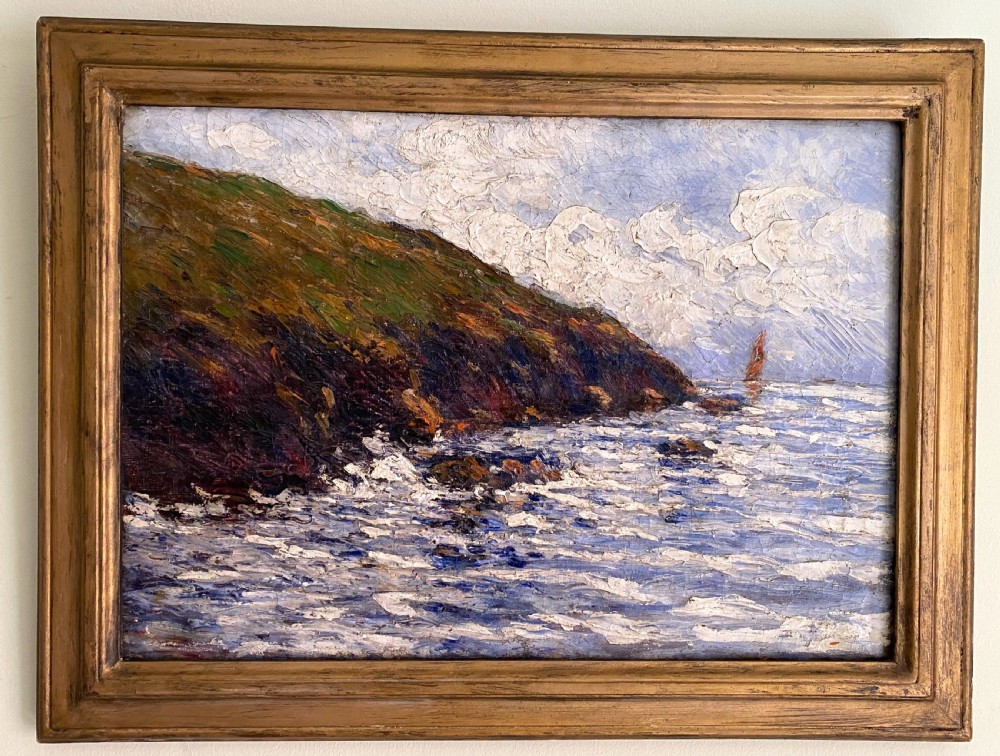 An impressionist oil painting depicting a grassy coastal cliff sloping into a choppy blue ocean with a lone sailing vessel in the distance under a cloudy sky. View IV