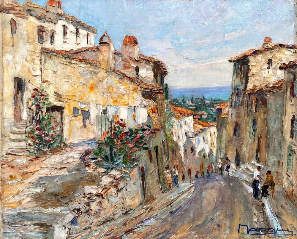 Village life on the French Riviera, a sunny street on the Cote d'Azur, the South of France 1940s oil on canvas