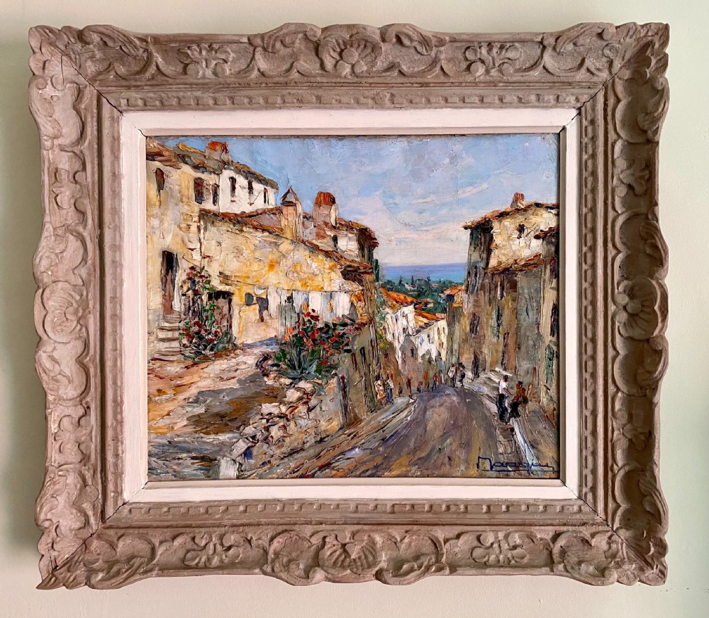 Village life on the French Riviera, a sunny street on the Cote d'Azur, the South of France 1940s oil on canvas View II