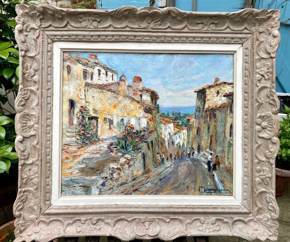 Village life on the French Riviera, a sunny street on the Cote d'Azur, the South of France 1940s oil on canvas View V