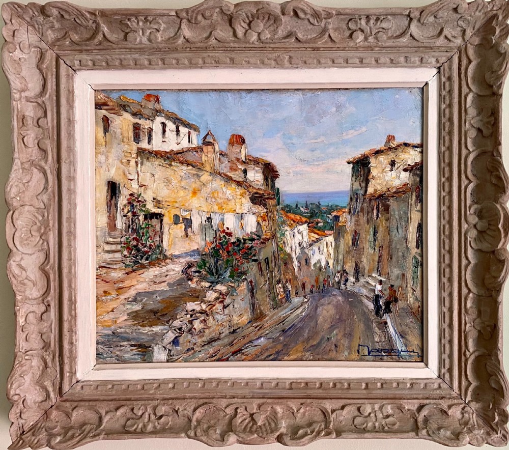 Village life on the French Riviera, a sunny street on the Cote d'Azur, the South of France 1940s oil on canvas View VIII