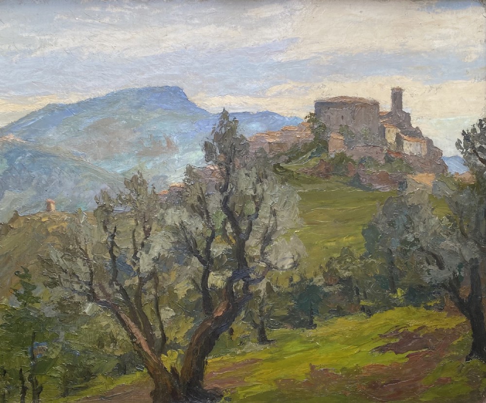 A hillside village in Provence, the South of France, circa 1940 oil on board