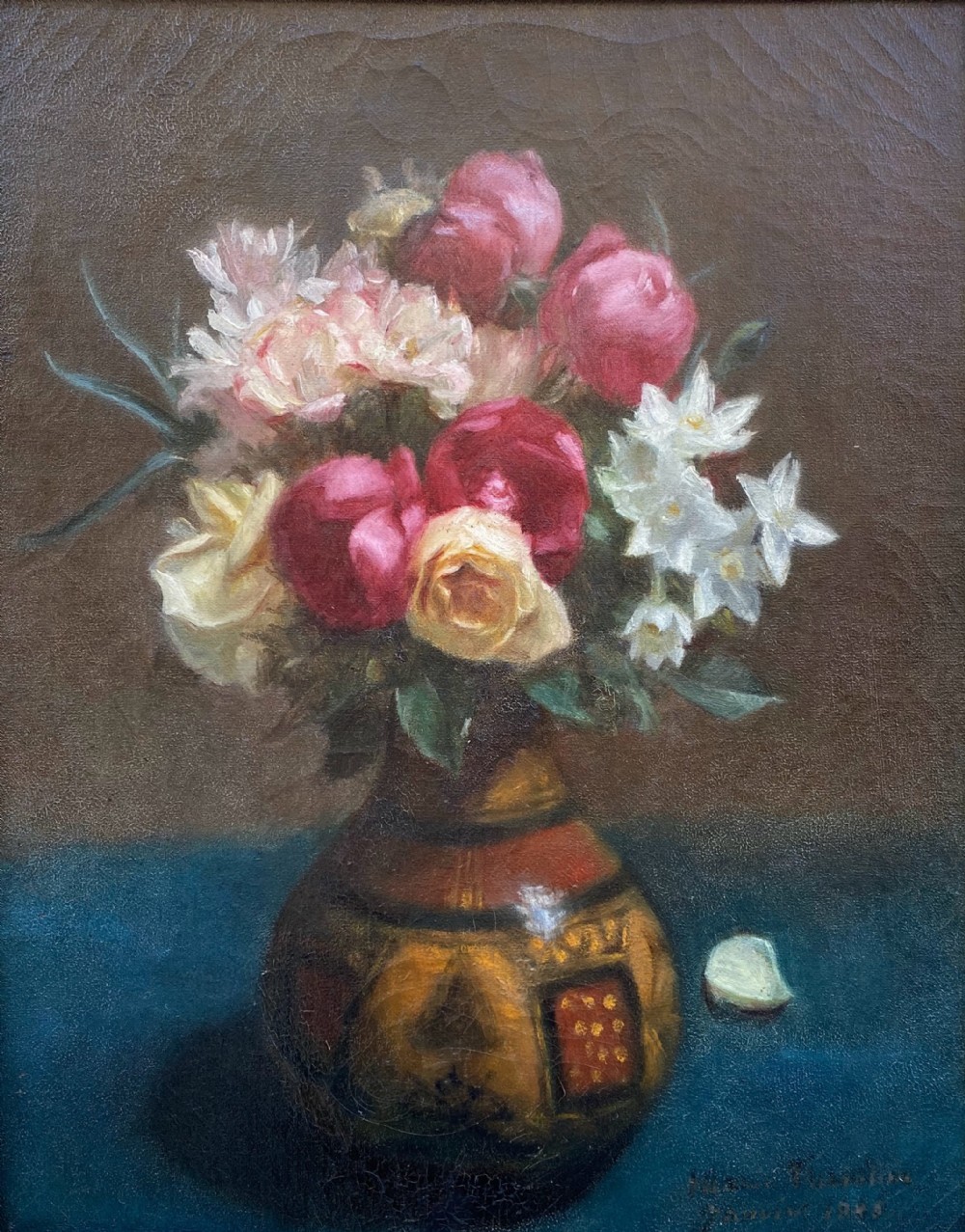 Roses in an ethnic vase, 1888: art nouveau period bohemian still life by woman artist, French oil on canvas