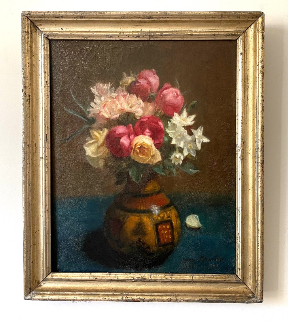 Roses in an ethnic vase, 1888: art nouveau period bohemian still life by woman artist, French oil on canvas View IV