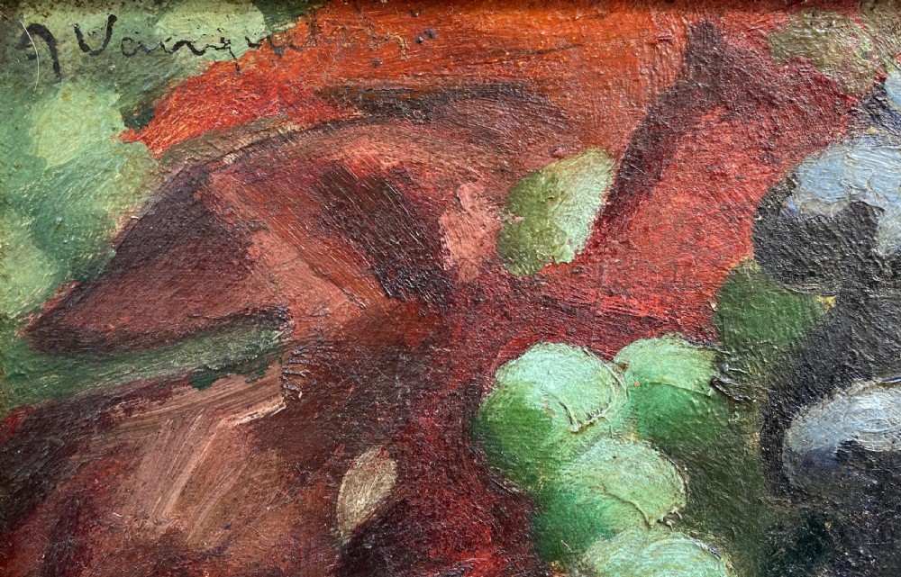 A 1930s Art Deco oil painting on canvas depicting clusters of green, black, and amber grapes resting on a blue and white chequered tablecloth. View II