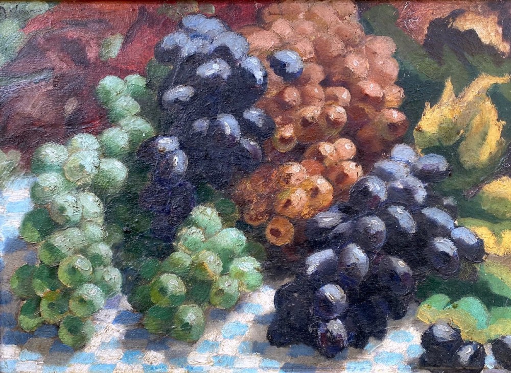 A 1930s Art Deco oil painting on canvas depicting clusters of green, black, and amber grapes resting on a blue and white chequered tablecloth. View VII