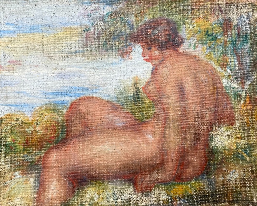 An Impressionist oil painting on canvas depicting a seated female nude in profile against a dappled landscape background.