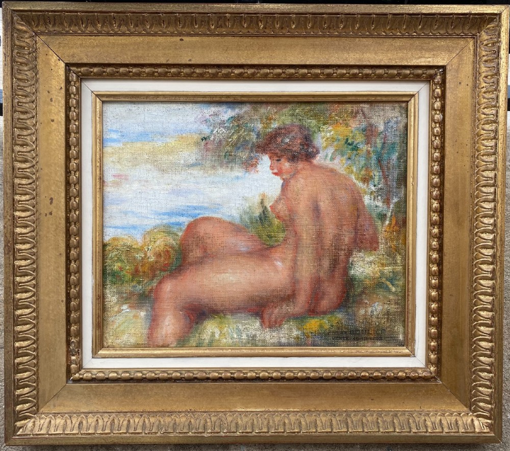 An Impressionist oil painting on canvas depicting a seated female nude in profile against a dappled landscape background. View III