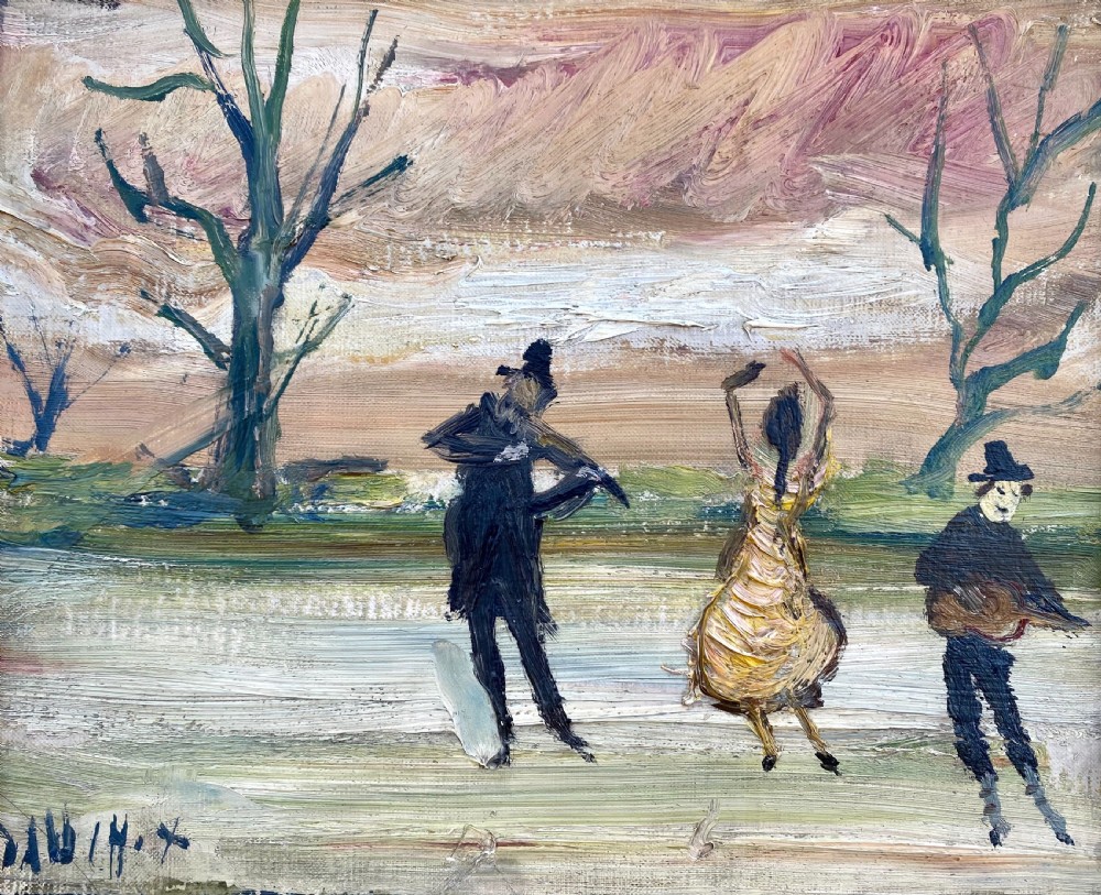 The fiddler and the dancing girl on thin ice, circa 1950 by French Expressionist...Greta Garbo Owned A Works By The Artist! Oil on canvas
