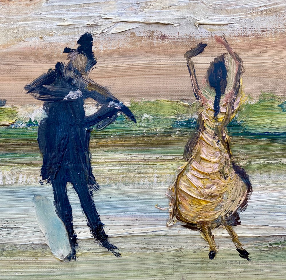 The fiddler and the dancing girl on thin ice, circa 1950 by French Expressionist...Greta Garbo Owned A Works By The Artist! Oil on canvas View II