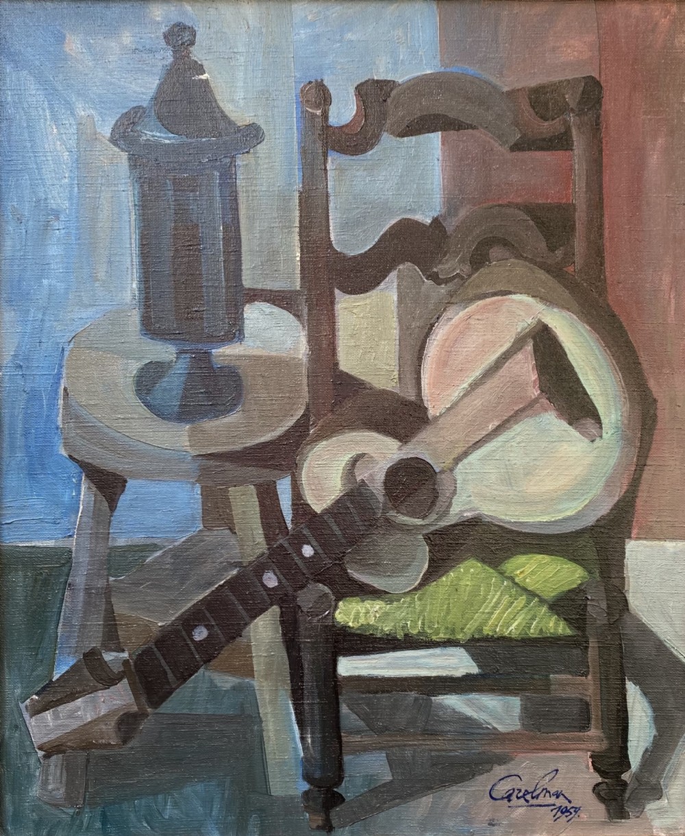 Cubist abstracted still life with chair and resting guitar, 1959, by French avant garde dadaist artist Jacques Carelman oil on canvas painting