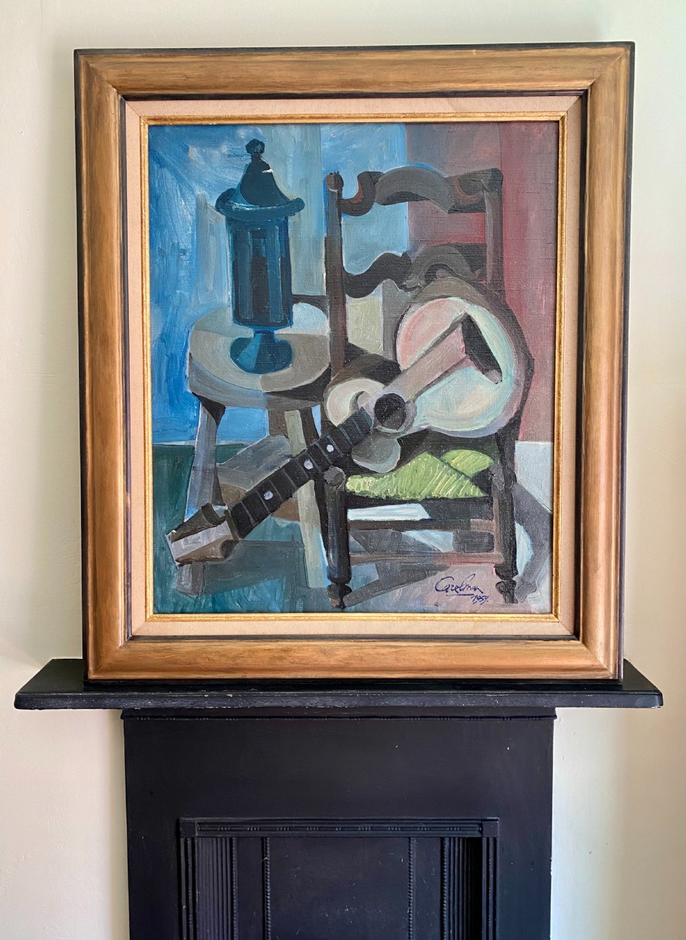 Cubist abstracted still life with chair and resting guitar, 1959, by French avant garde dadaist artist Jacques Carelman oil on canvas painting View II