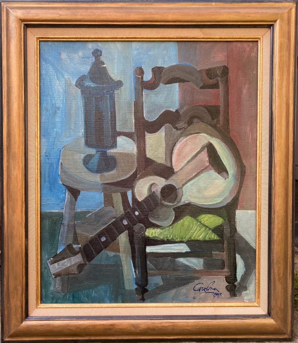 Cubist abstracted still life with chair and resting guitar, 1959, by French avant garde dadaist artist Jacques Carelman oil on canvas painting View IV