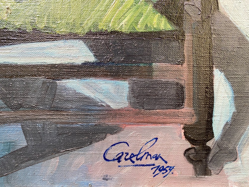 Cubist abstracted still life with chair and resting guitar, 1959, by French avant garde dadaist artist Jacques Carelman oil on canvas painting View V
