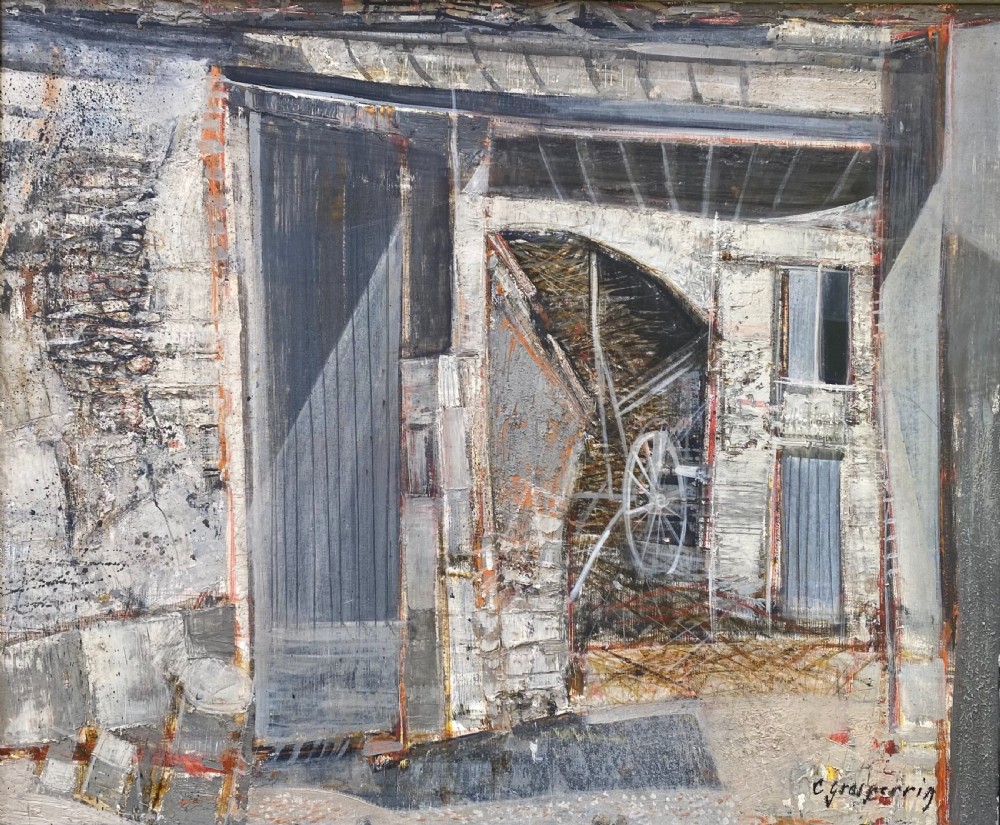 A mid-century French modernist oil painting on canvas depicting a rustic barn interior and exterior structure in muted grey and neutral tones, housed within a painted light grey wooden frame. View VI