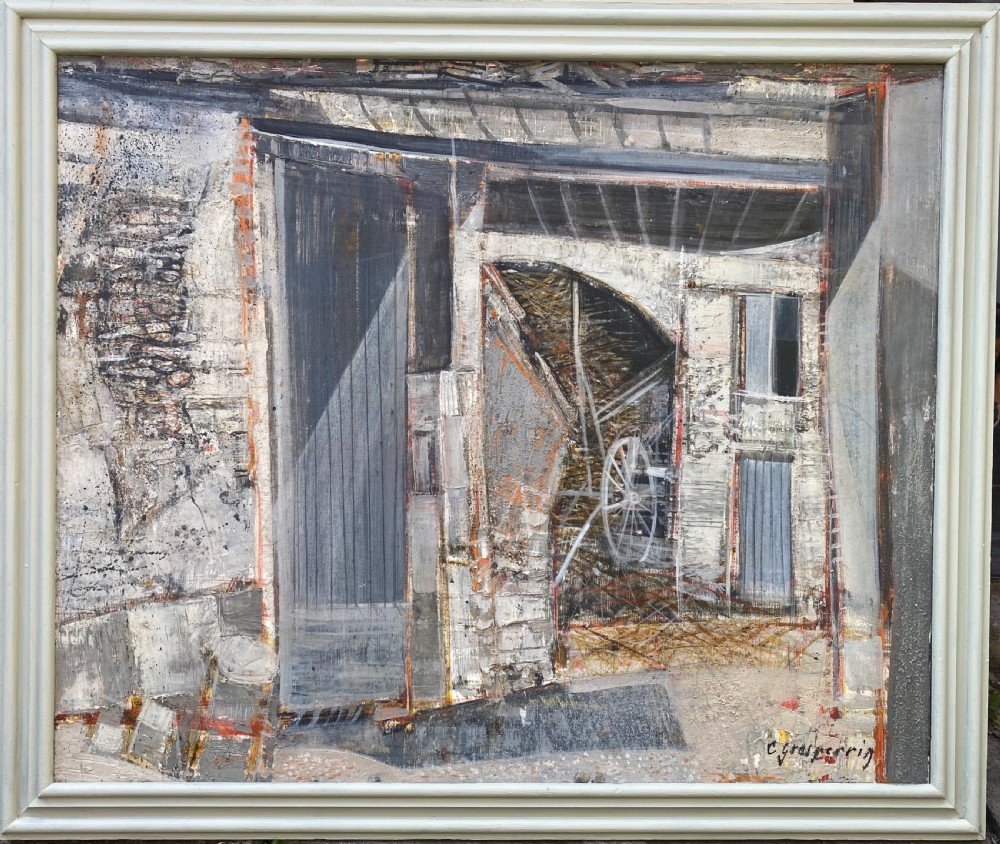 A mid-century French modernist oil painting on canvas depicting a rustic barn interior and exterior structure in muted grey and neutral tones, housed within a painted light grey wooden frame. View II