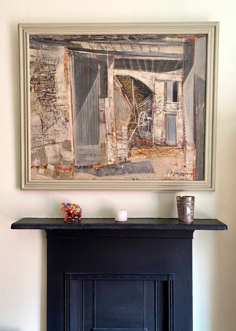A mid-century French modernist oil painting on canvas depicting a rustic barn interior and exterior structure in muted grey and neutral tones, housed within a painted light grey wooden frame. View III