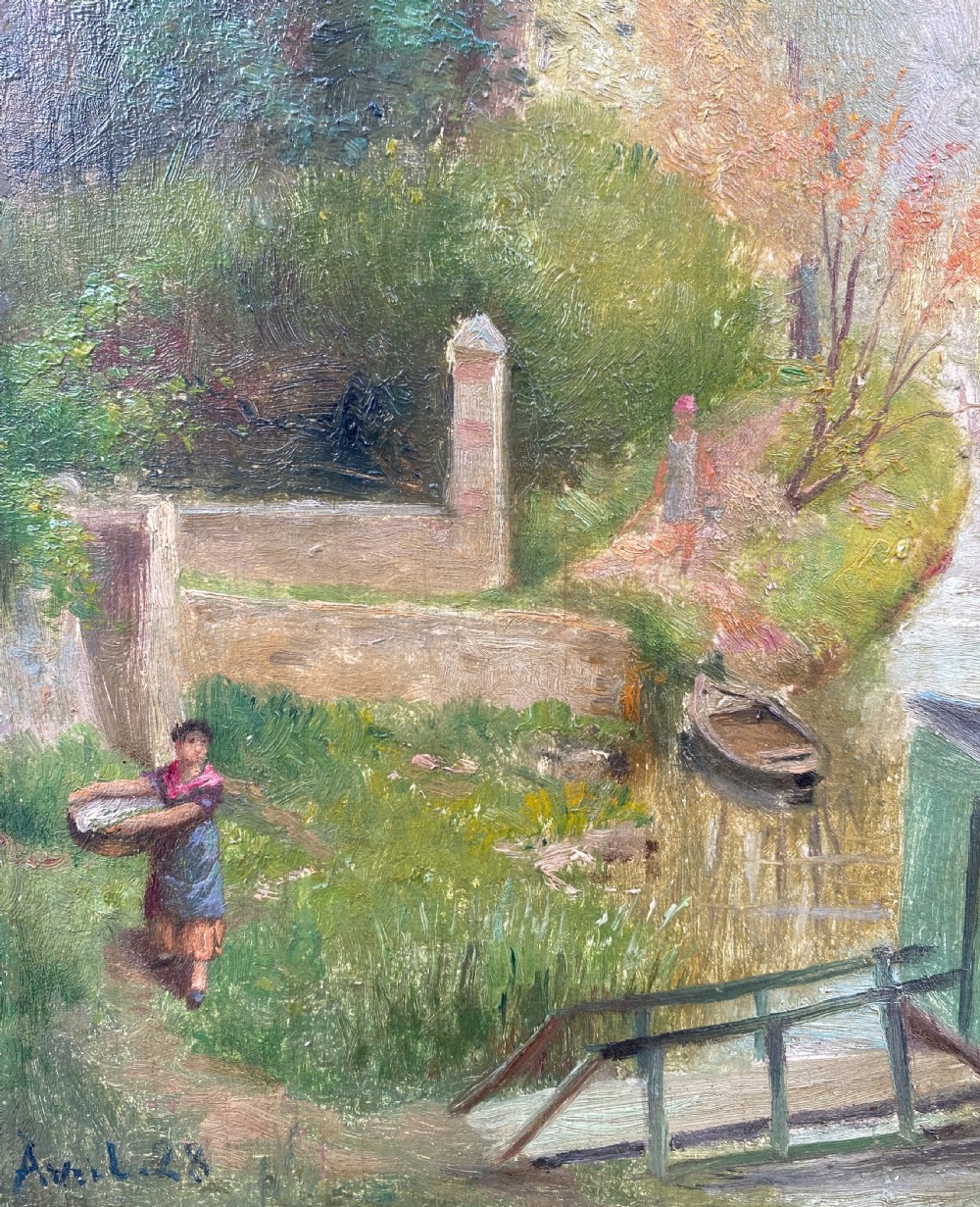 An antique French oil painting on a wooden panel depicting a riverbank scene with a figure carrying a basket, trees, and a green structure under an overcast sky. View III