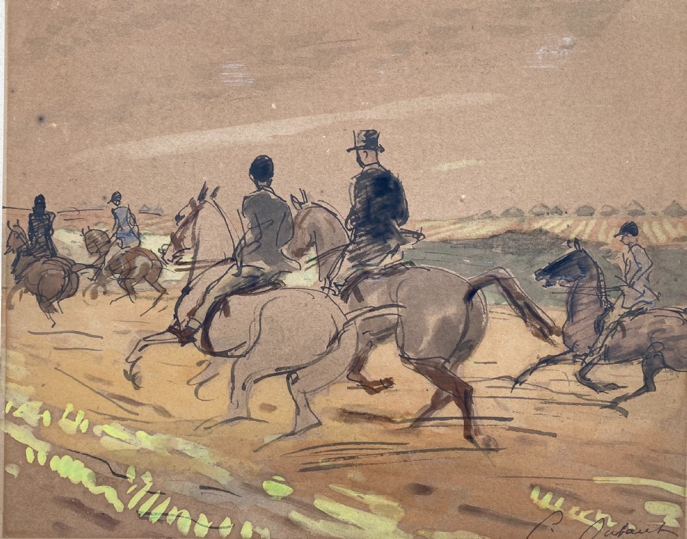 A 1920s watercolour painting on toned paper depicting figures on horses riding through an open countryside landscape.