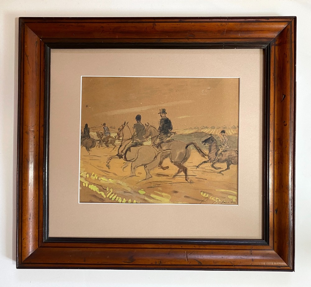 A 1920s watercolour painting on toned paper depicting figures on horses riding through an open countryside landscape. View II