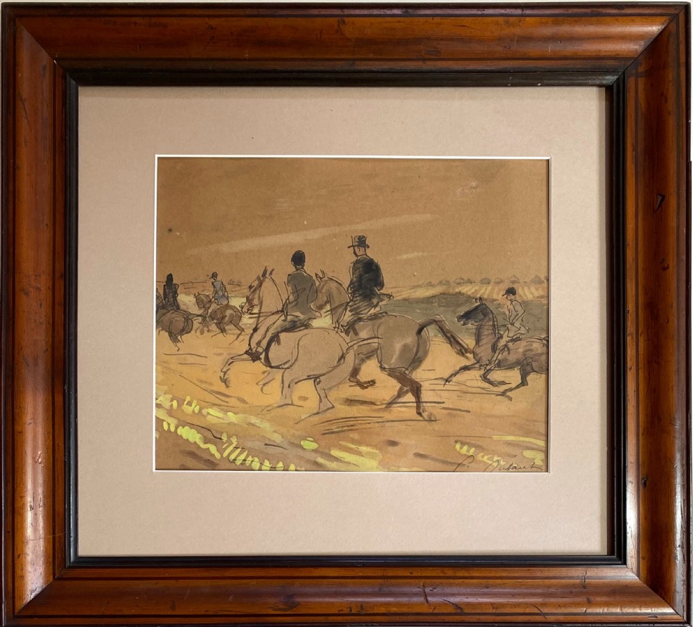 A 1920s watercolour painting on toned paper depicting figures on horses riding through an open countryside landscape. View III