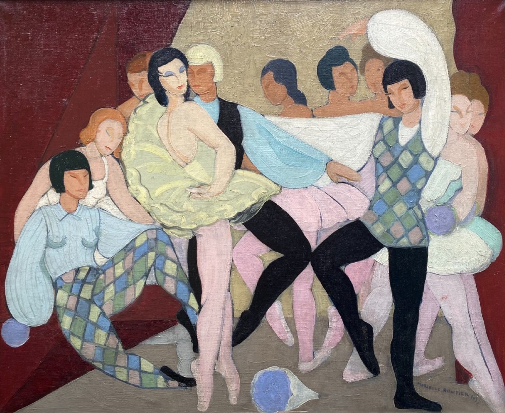 The Dance Performance, Ballets Russes, 1937 - Art Deco Ballet Scene by French Woman Artist oil on canvas