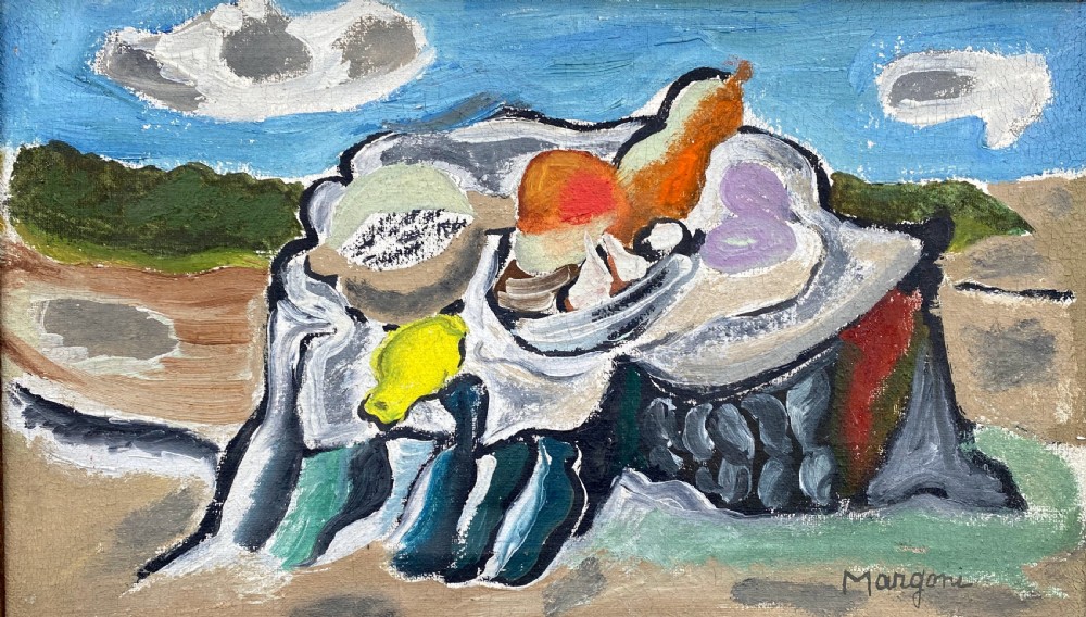 An abstract modernist oil painting on canvas depicting a still life arrangement of fruit on a tree stump against a landscape background.