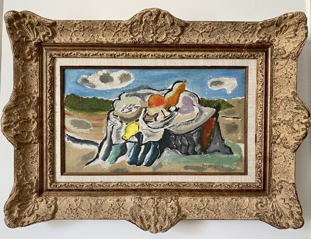 An abstract modernist oil painting on canvas depicting a still life arrangement of fruit on a tree stump against a landscape background. View II