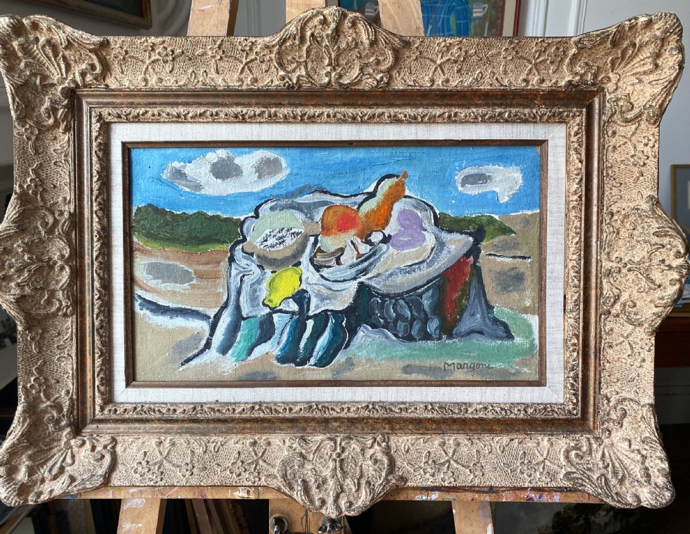 An abstract modernist oil painting on canvas depicting a still life arrangement of fruit on a tree stump against a landscape background. View III