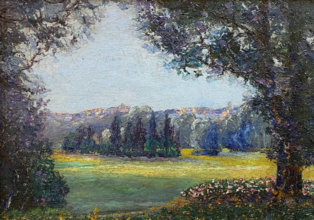 Joys of May, Spring in the Valley, French Impressionist landscape 1914 oil on panel