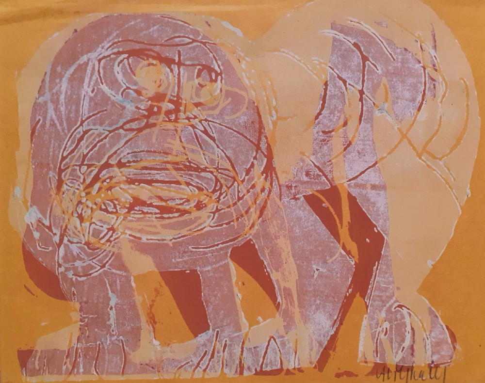 A mid-century expressionist colour woodcut print depicting a stylised lion in terracotta red and orange hues on paper.