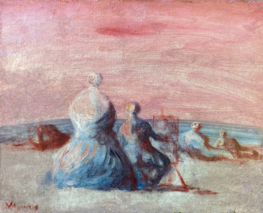 A painter on the beach by the sea, circa 1948  Austrian magical surrealist expressionist oil on canvas