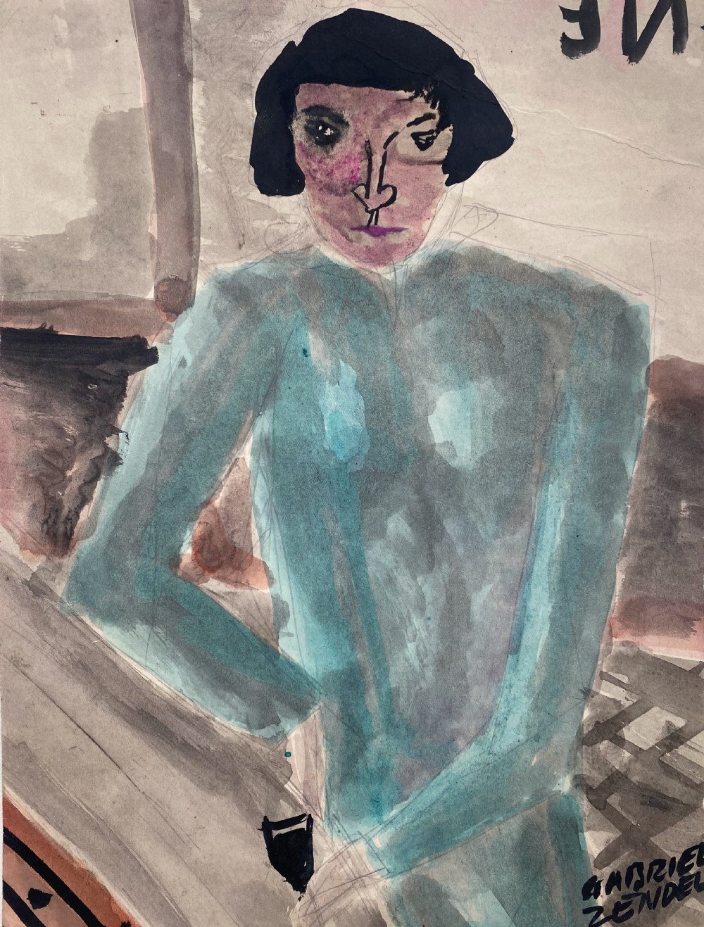 Woman in a green dress, ca 1938: French fauve neo primitivist school of Paris expressionist art, watercolour on paper