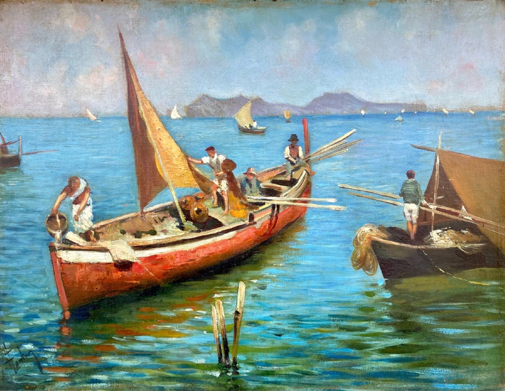 Boats and Fishermen off the Cote d'Azur coast, ca 1938, the South of France, large colourful mediterranean seascape oil on board
