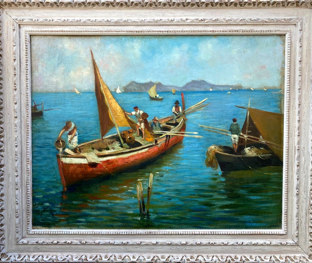 Boats and Fishermen off the Cote d'Azur coast, ca 1938, the South of France, large colourful mediterranean seascape oil on board
 View II