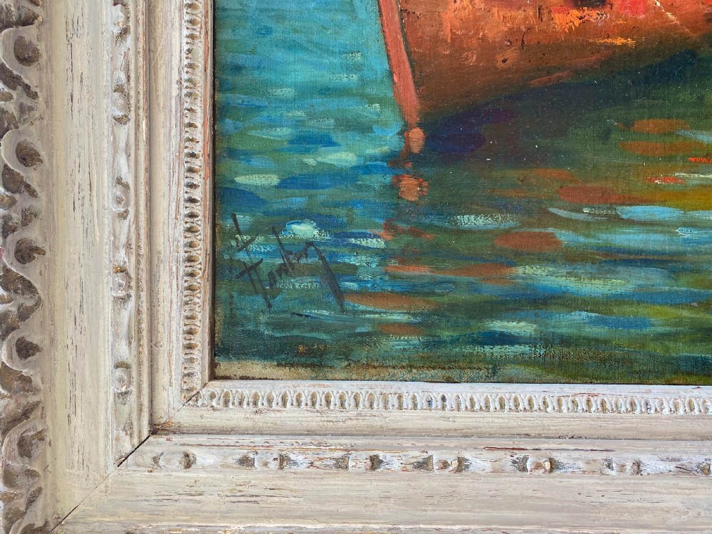Boats and Fishermen off the Cote d'Azur coast, ca 1938, the South of France, large colourful mediterranean seascape oil on board
 View III