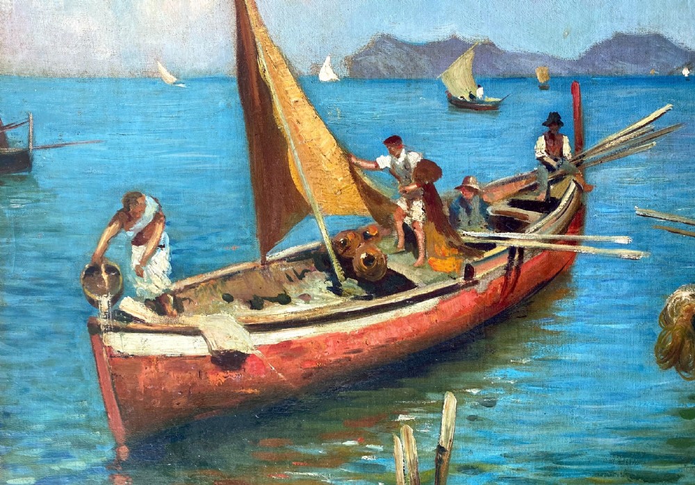 Boats and Fishermen off the Cote d'Azur coast, ca 1938, the South of France, large colourful mediterranean seascape oil on board
 View IV