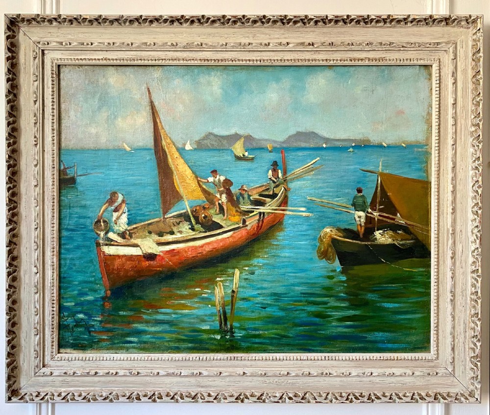 Boats and Fishermen off the Cote d'Azur coast, ca 1938, the South of France, large colourful mediterranean seascape oil on board
 View V