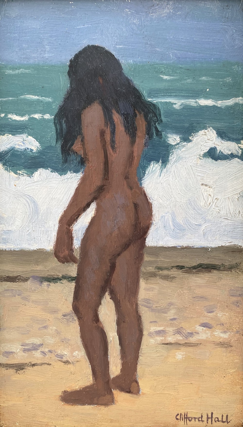 The Bather: British modernist, miniature masterpiece, beach and waves, seascape oil on panel