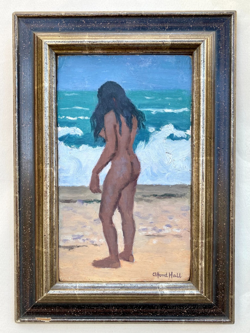 The Bather: British modernist, miniature masterpiece, beach and waves, seascape oil on panel View III