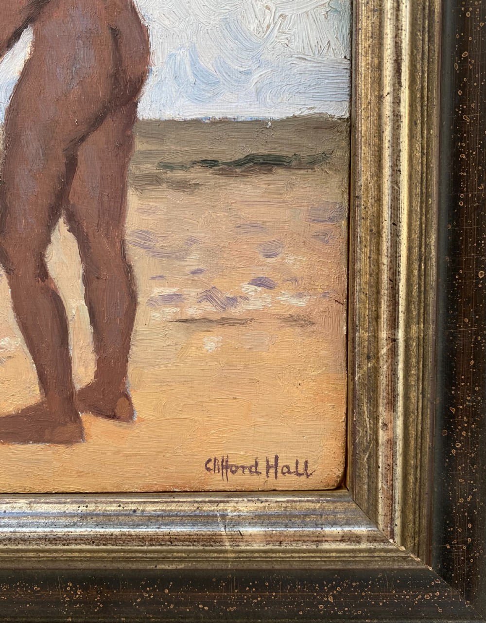 The Bather: British modernist, miniature masterpiece, beach and waves, seascape oil on panel View IV