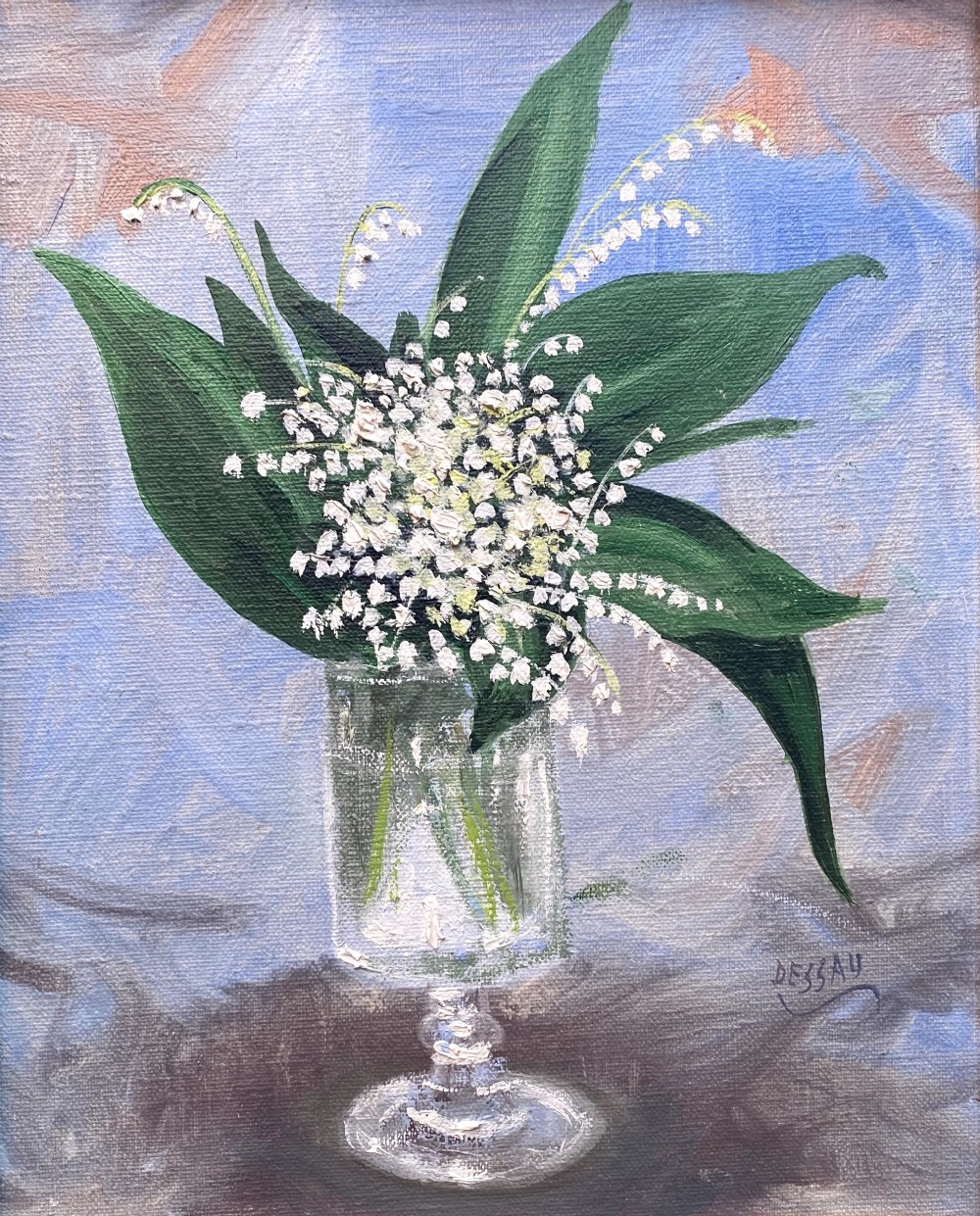 A mid-century still life oil painting on canvas depicting white lily of the valley flowers in a clear glass vase against a light blue textured background.