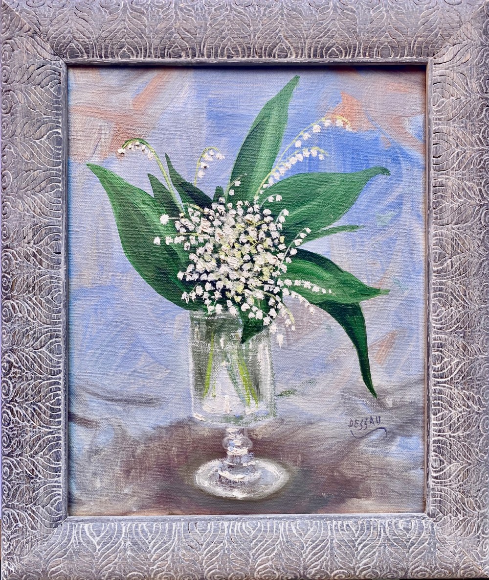 A mid-century still life oil painting on canvas depicting white lily of the valley flowers in a clear glass vase against a light blue textured background. View III