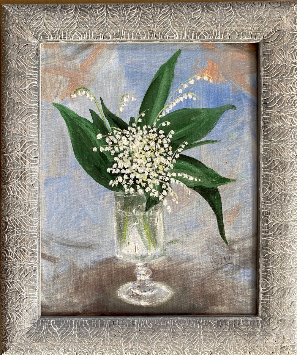 A mid-century still life oil painting on canvas depicting white lily of the valley flowers in a clear glass vase against a light blue textured background. View IV