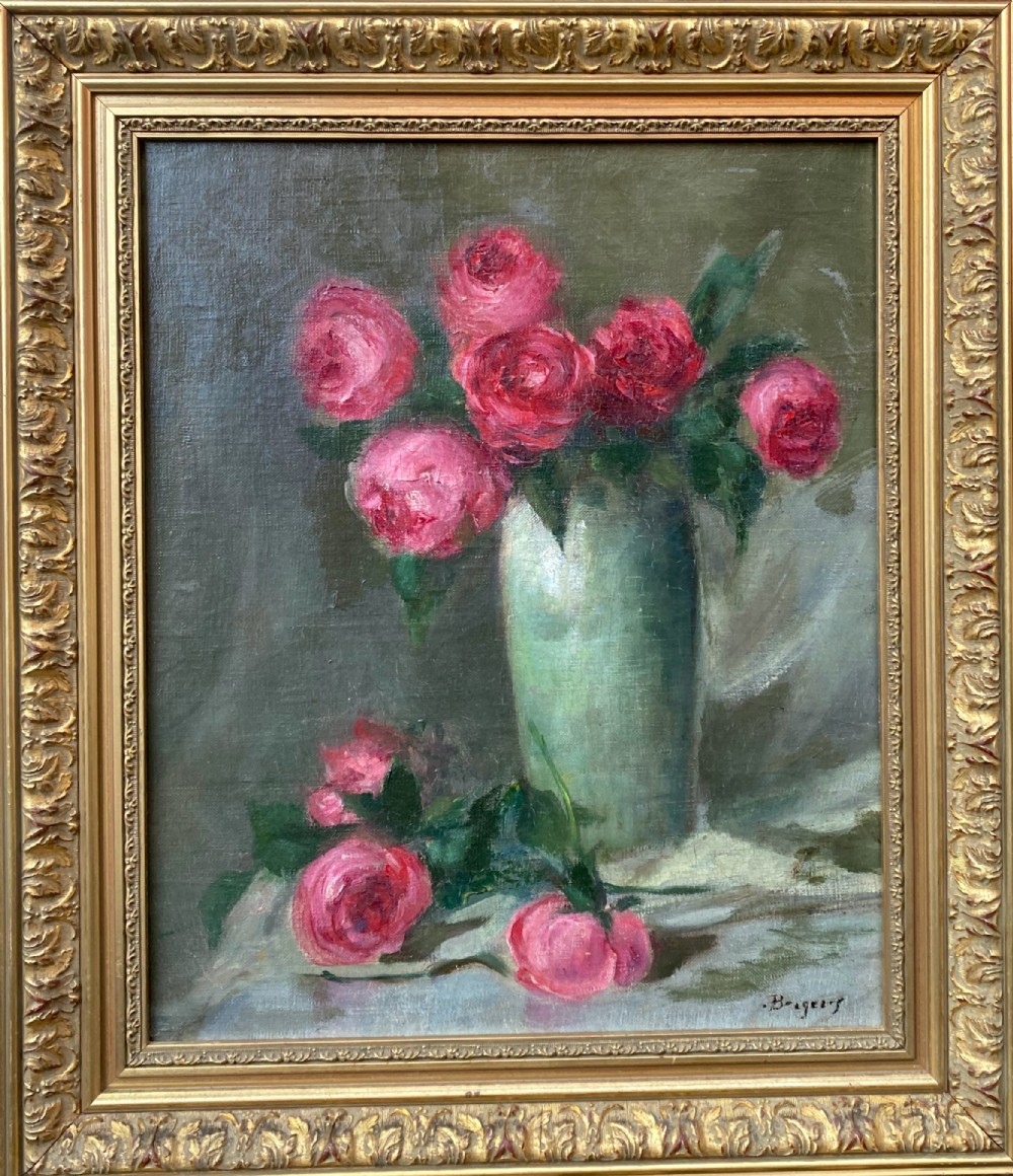 Roses in a Vase: elegant art nouveau period antique floral still life oil on canvas