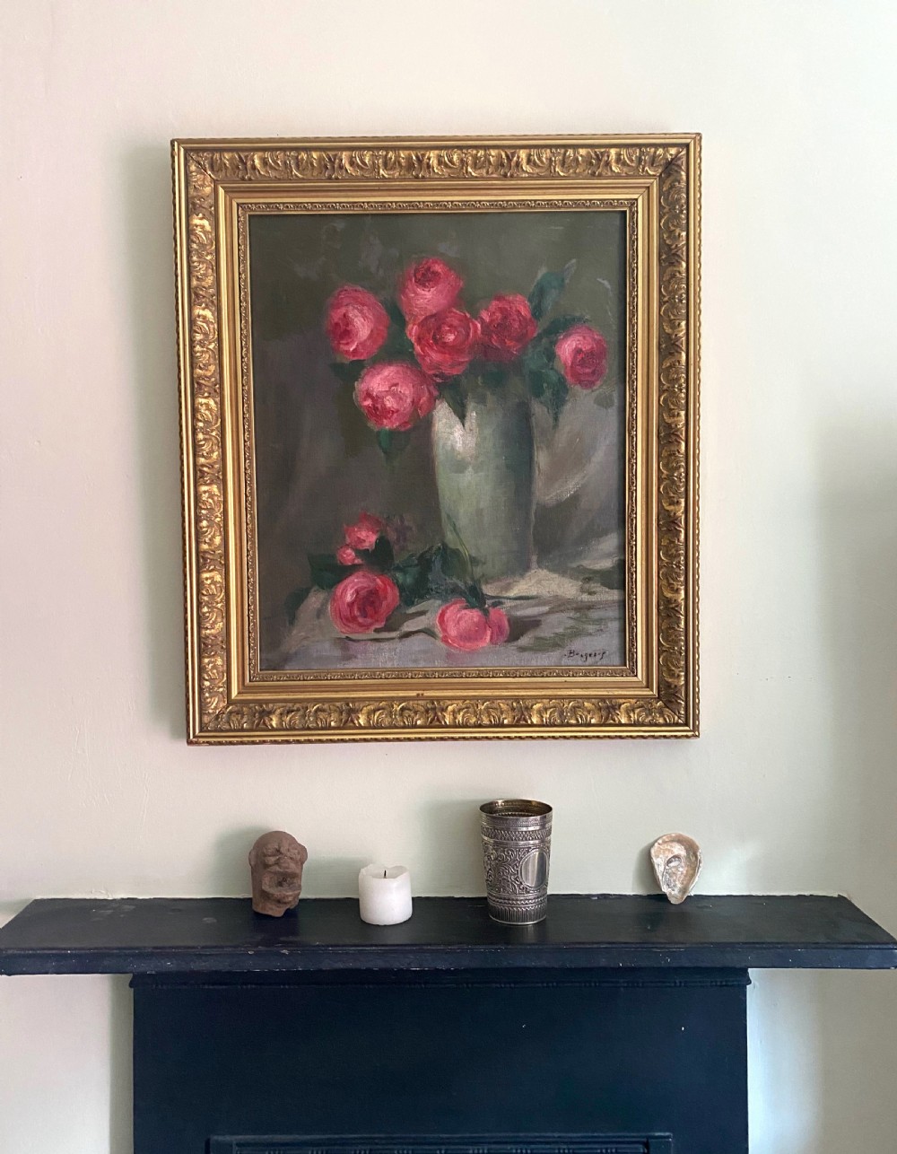 Roses in a Vase: elegant art nouveau period antique floral still life oil on canvas View II