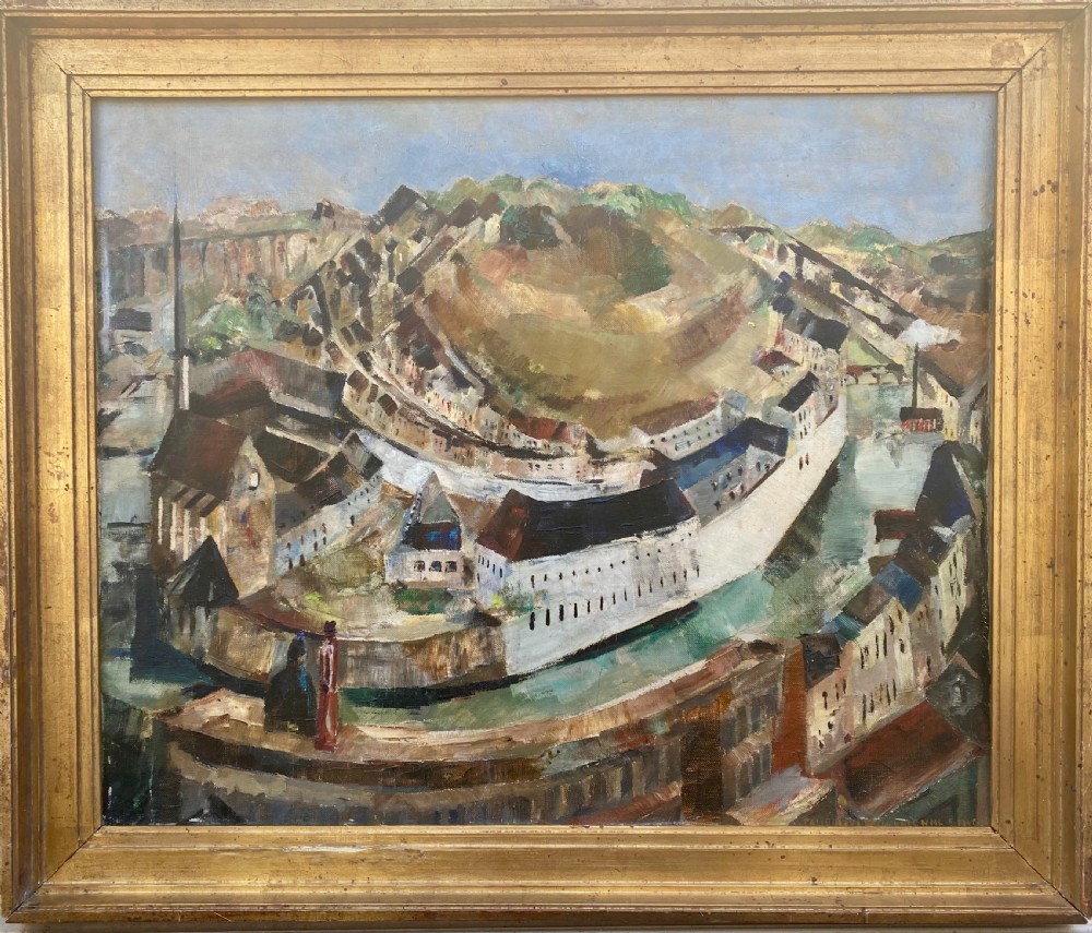 Cubist cityscape, circa 1940 figures overlooking spiralling city modernist French woman artist oil on canvas