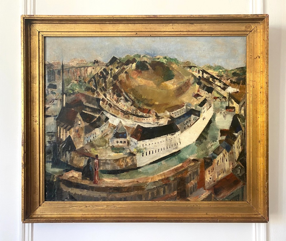 Cubist cityscape, circa 1940 figures overlooking spiralling city modernist French woman artist oil on canvas View II