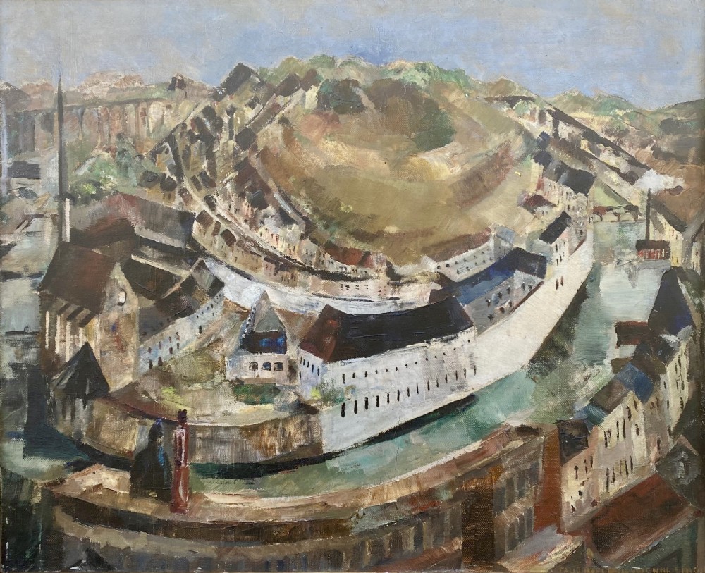 Cubist cityscape, circa 1940 figures overlooking spiralling city modernist French woman artist oil on canvas View V